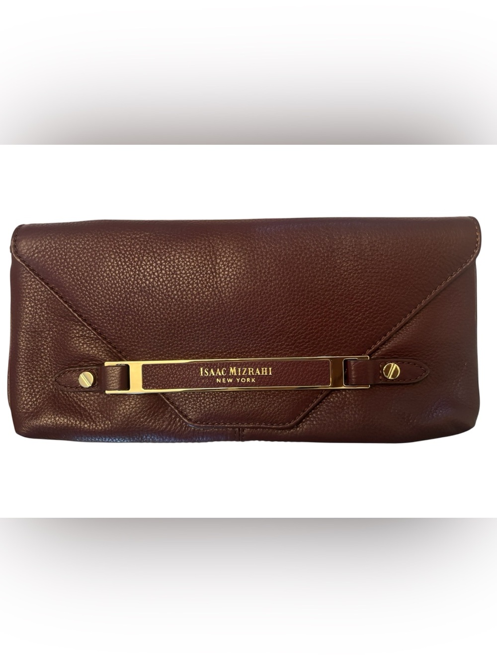 Isaac Mizrahi Burgundy Pebbled Leather Foldover Clutch with Gold Accent
